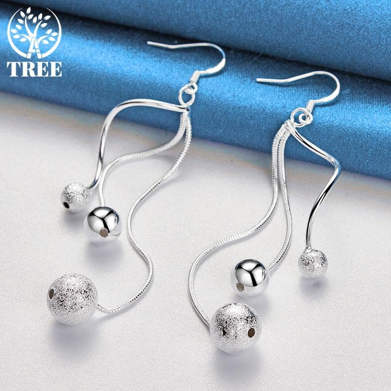 925 Sterling Silver Smooth Frosted Beads Ball Drops Earrings Jewelry