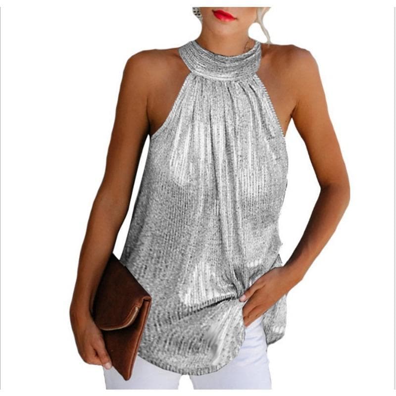 Women's Double Silver Hanging Neck Zipper Sleeveless T-Shirt Casual Top 4XL silver