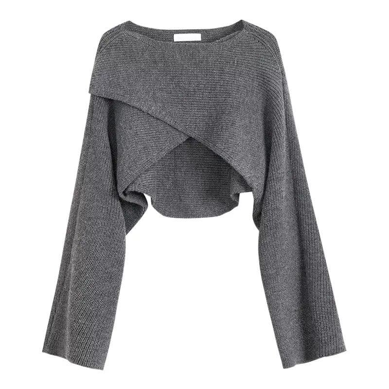Sexy Short Sweaters Women Long Sleeve Design Criss-Cross Pullovers Women Irregular Sweater Solid Streetwear Cropped Tops 22933 One Size grey