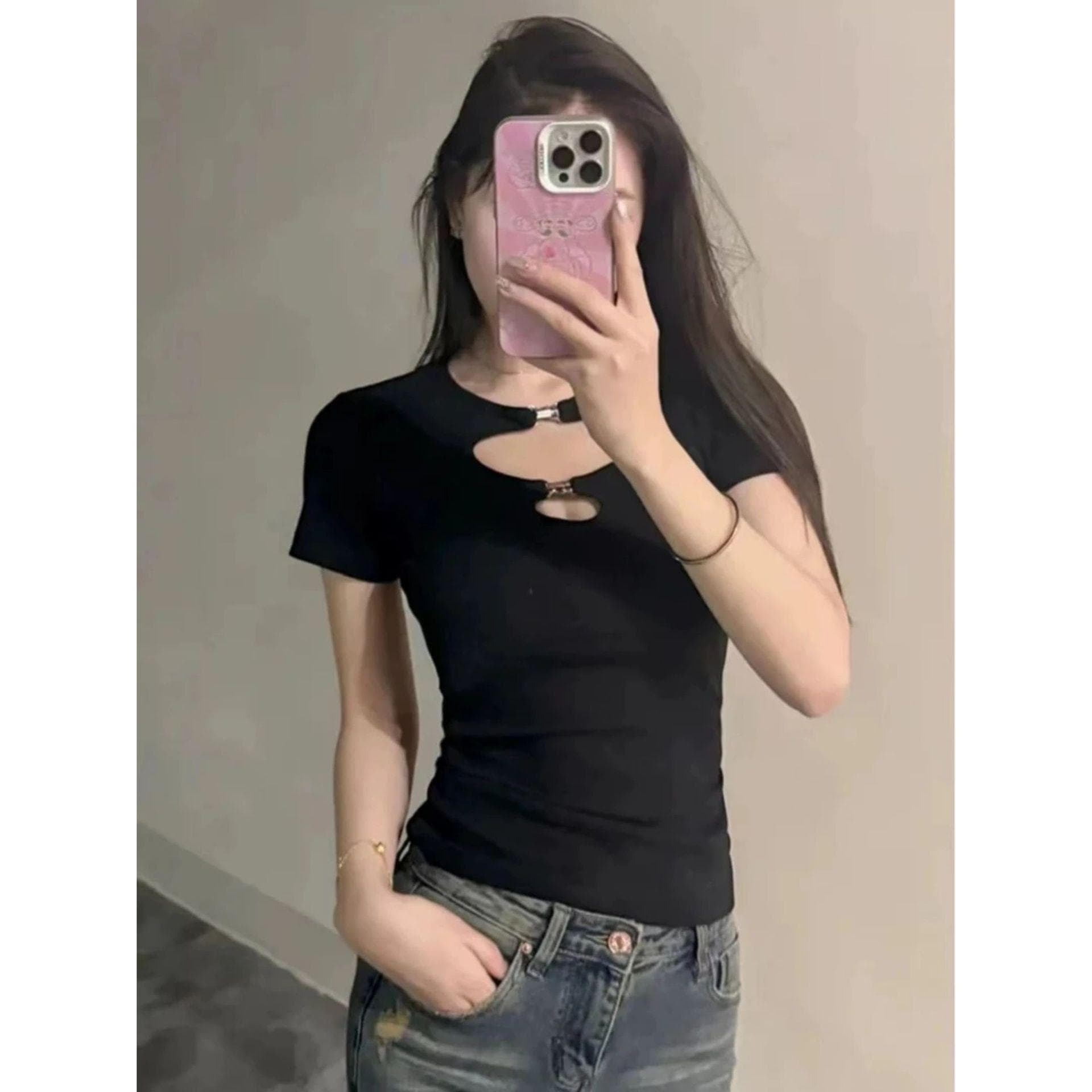New Summer Niche Sexy Hollow Short-sleeved T-shirt for Women's Chic Base Shirt Shoulder Pure Erotic Top XL black