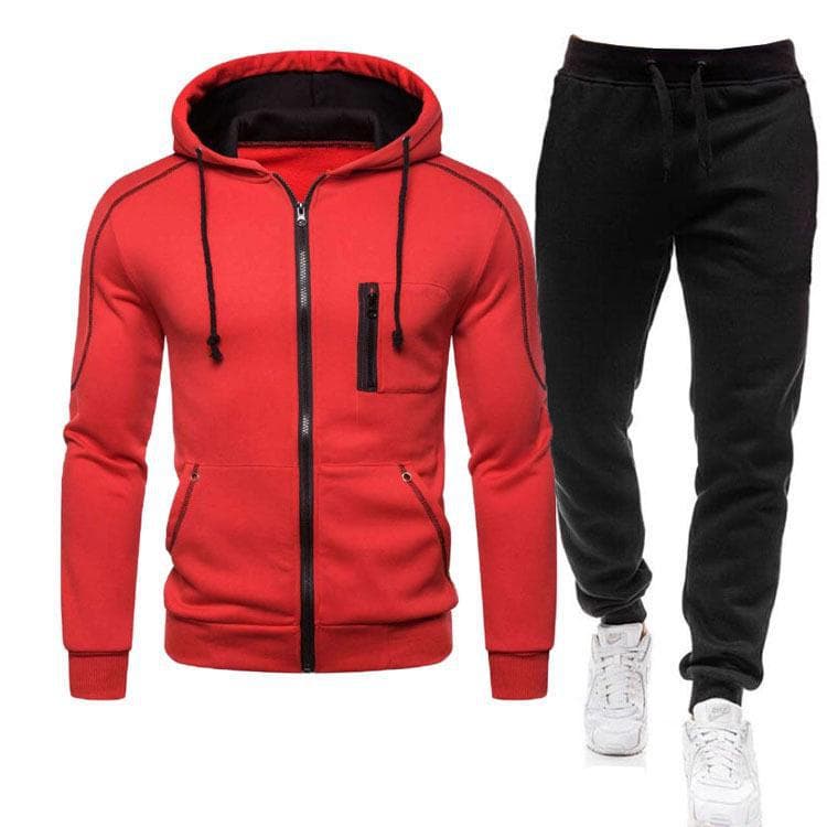 Men's 2024 Solid Color Zipper Hoodie & Sweatpants Set - Digital Leisure Sportswear S red