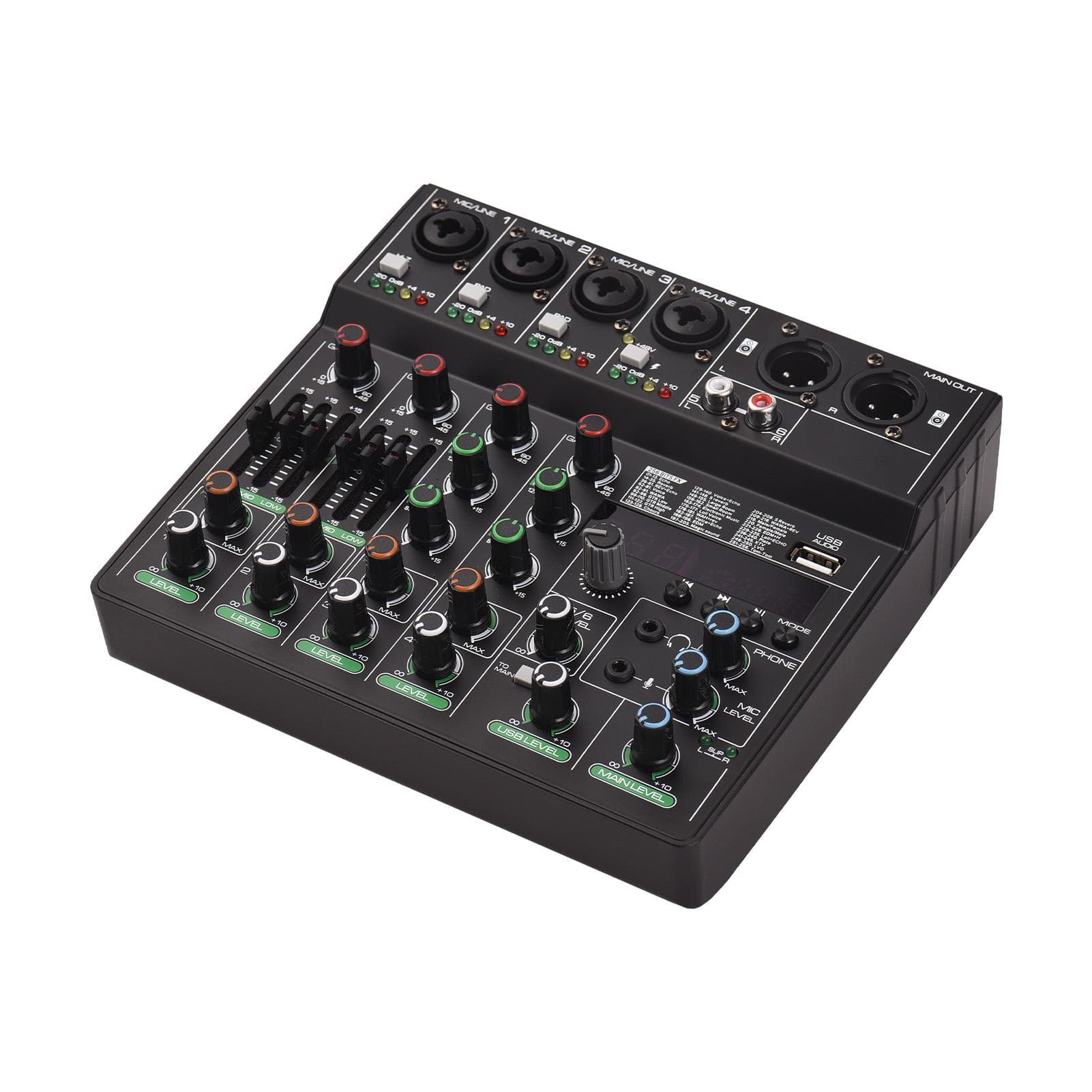 Audio Mixer 6-Channel Mixing Console with 256 Effects 48V Phantom Power for Home Studio Recording black