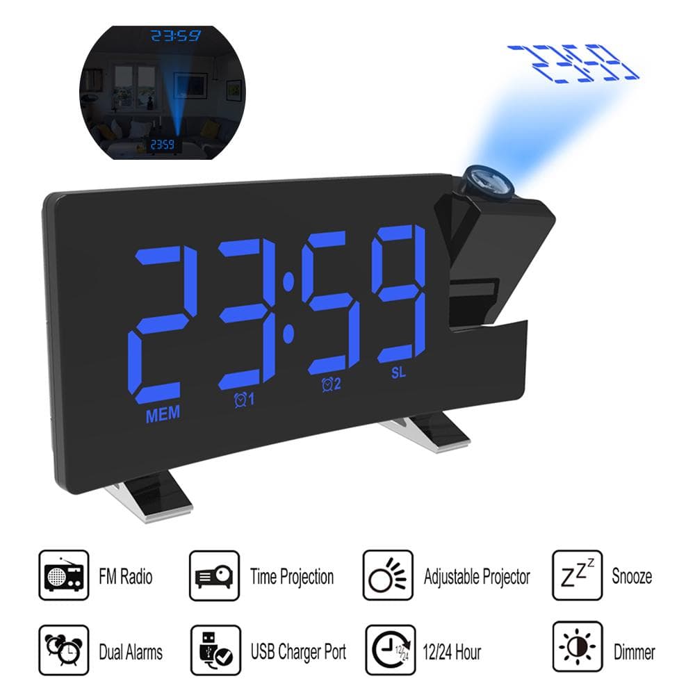 Clock Multifuctional Projection FM Radio Alarm Clock With USB Charging Port blue