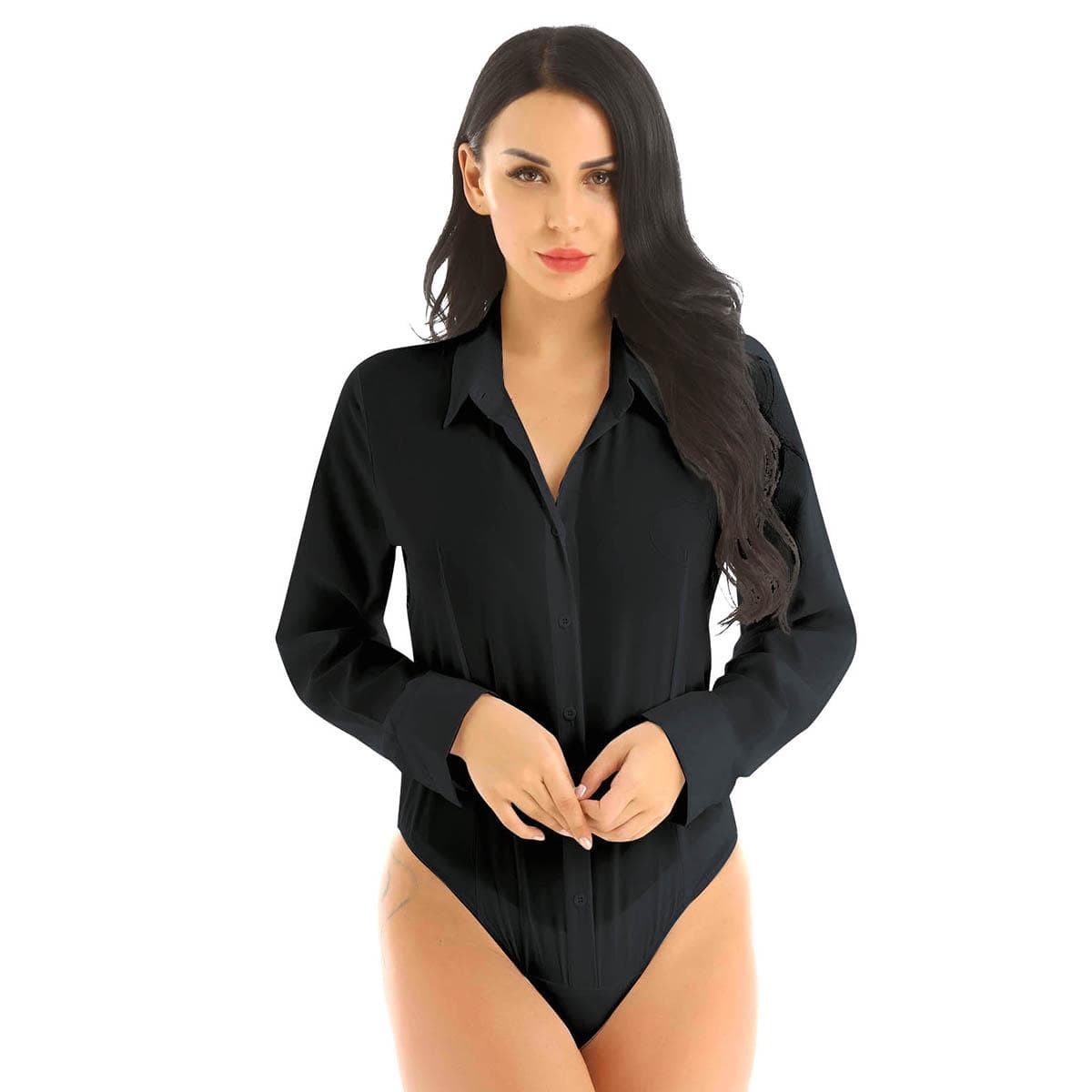 Women Long Sleeve Button Down Shirts Bodysuit One Piece Easy Care Work Blouse Leotard Top 2XL black