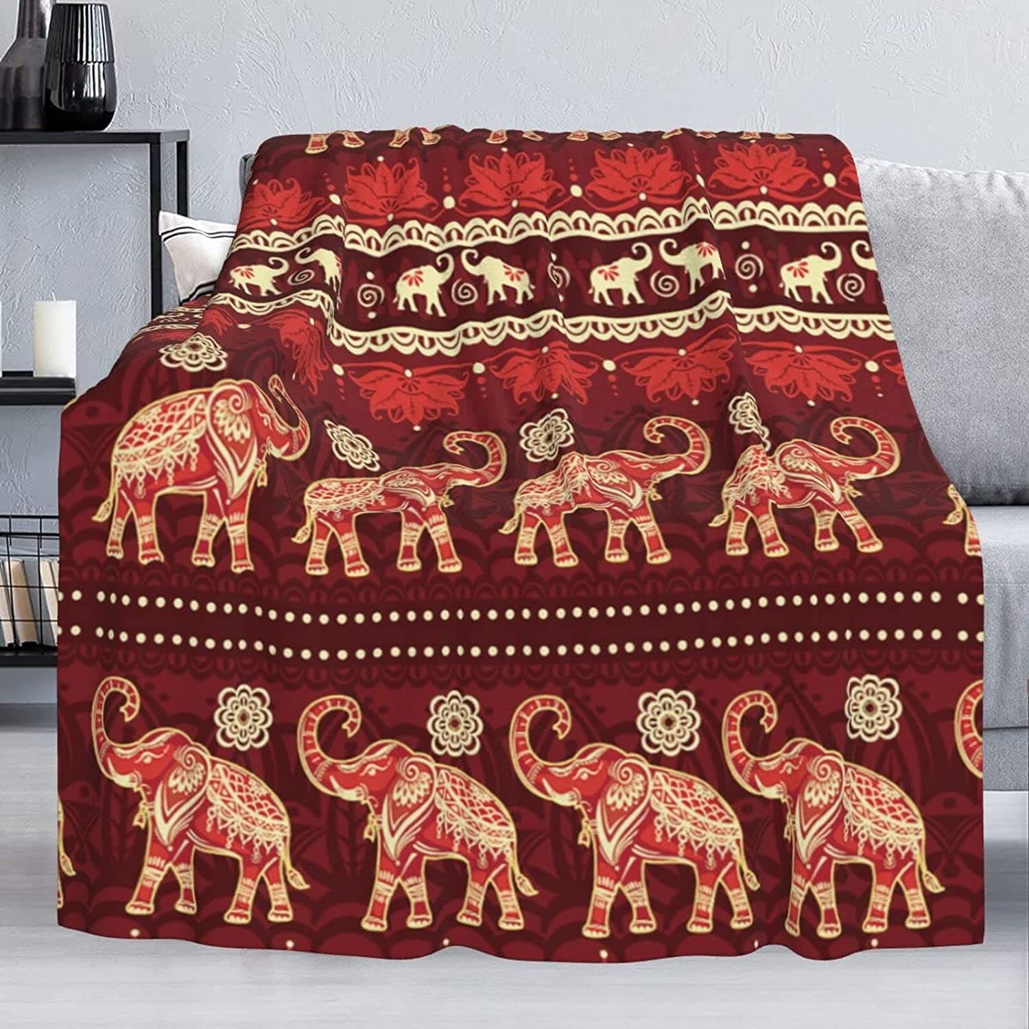 Ethnic Elephant Tribal Stylized Ornament Soft Throw Blanket Lightweight Flannel Blanket for Couch Bed Sofa Travelling Camping for Kids Adults 150x180cm