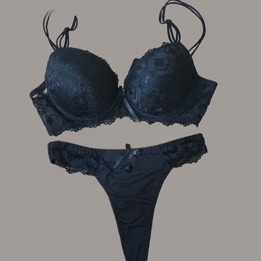 Lace Bra Thong Set Push up Underwear set Women Panties Hollow Lace Intimates Bras and Panty set 42C black
