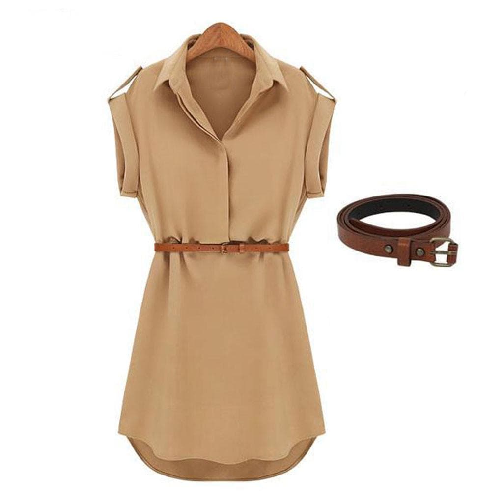 Women Fashion Casual Summer Loose Short Sleeve Dress With Belt L khaki