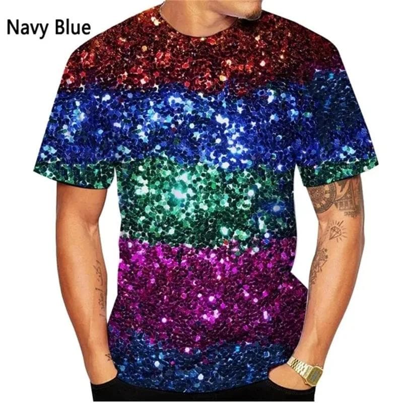 New Fashion 3d Printed Sequin Pattern T-shirt Men's And Women's Summer Casual Short Sleeve Glitter Color XXXXL