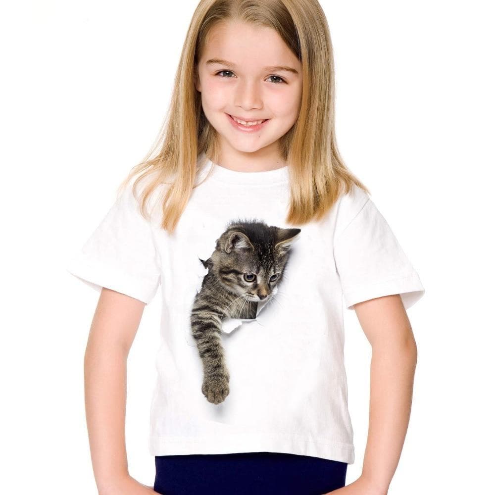 Fashion Summer Cute Children Brand Clothing For Kids Girl Short Sleeve Print 3D Cat 130 white
