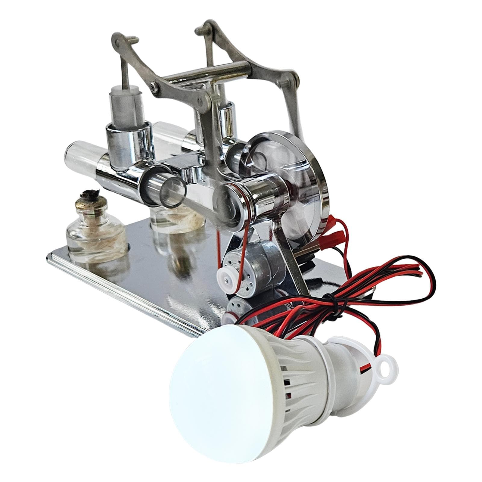 Hot Air Stirling Engine Electricity Generator Motor Physical Dual Engine Model with LED Bulb Dollar 0 silver