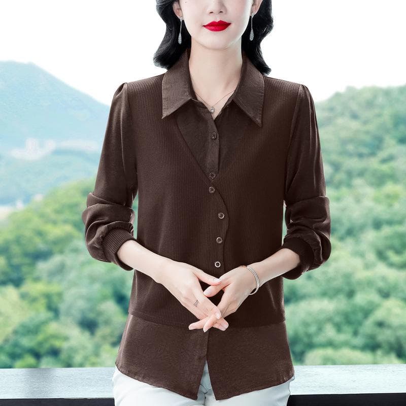 Fashion Long-sleeved Shirt Women's Autumn Style Mother Foreign Style Outside Wearing Bottoming Shirt Top POLO Fake Two-piece Shirt 3XL dark brown