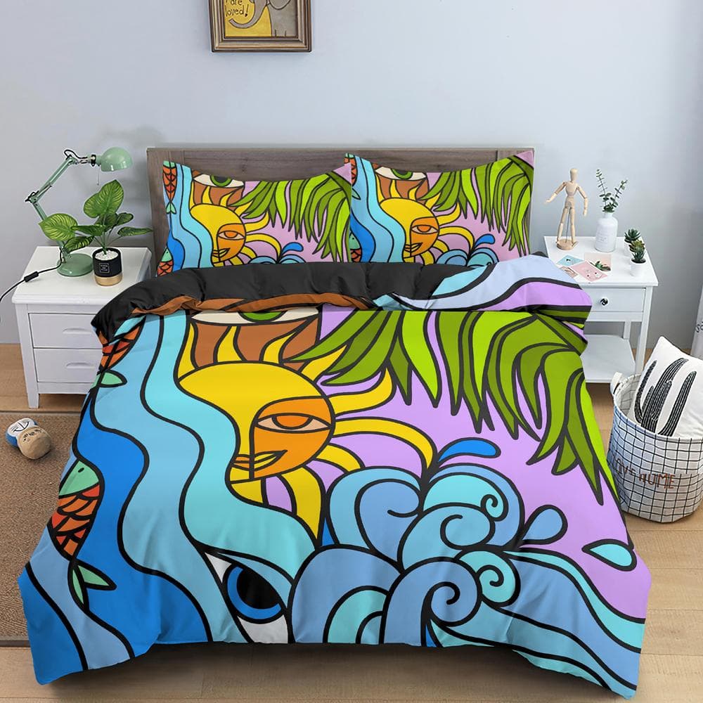 Cartoon Graffiti King Queen Duvet Cover Abstract Psychedelic Style Bedding Set Colorful Modern Art 2/3pcs Polyester Quilt Cover 135x200cm 2pcs