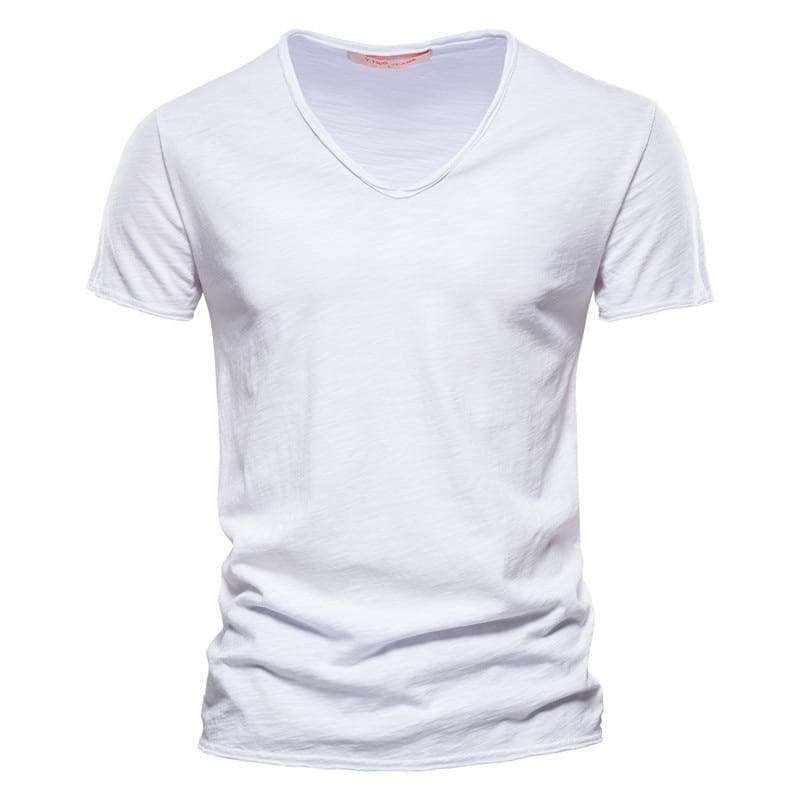 AIOPESON Summer 100% Cotton Elasticity T Shirt Men Casual Soft Fitness Shirt Men T Shirt Tops Tee Shirts V-Neck Short Sleeve Tshirt Men M white