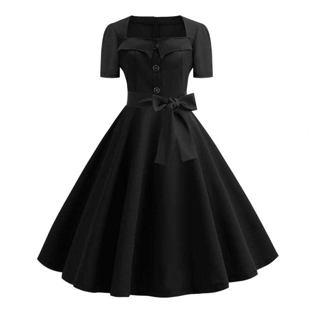 Women Dress Square Neck Short Sleeve Retro 1950s A-line Big Hem Button Decor Dot Print Color Matching Mid Waist Belted Bow Decor M black