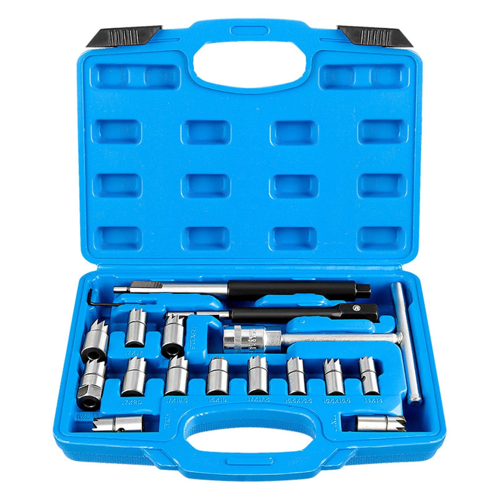 17Pcs Diesel Injector Set Seat Cutter Cleaner Disassemble Tool Kit Universal Injector ReFace blue