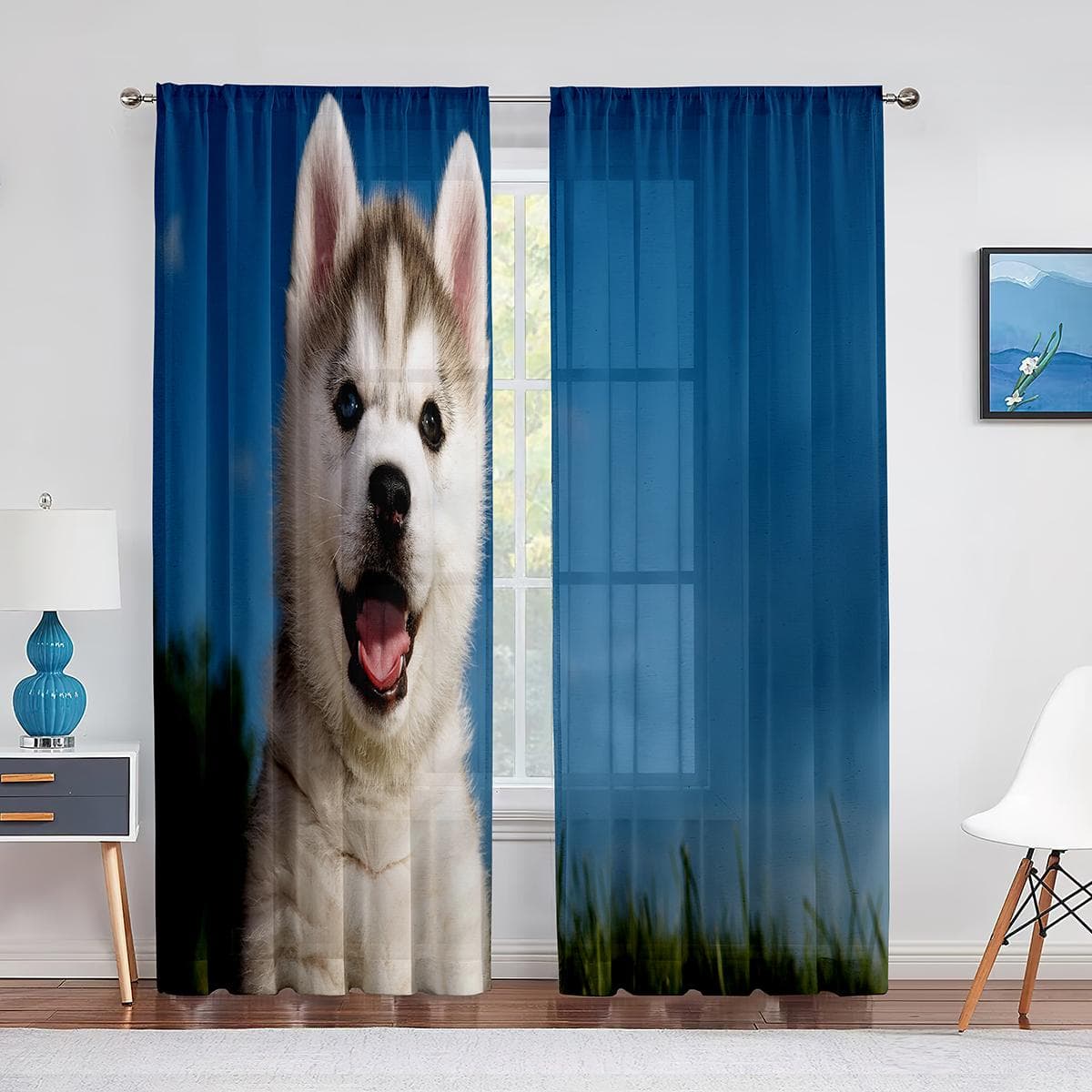 Dogs Couple Lying on Flowers Lavender Tulle Curtains for Living Room Bedroom Kitchen Decor Chiffon Sheer Voile Window Curtain 1 PCS W100XH250cm&Grommet Top