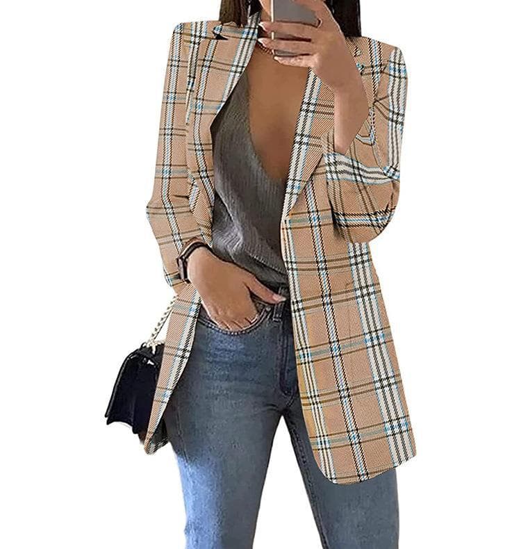 Women's Spring and Autumn Checkered Casual Blazer Slim Lapel Commuter Jacket XL khaki