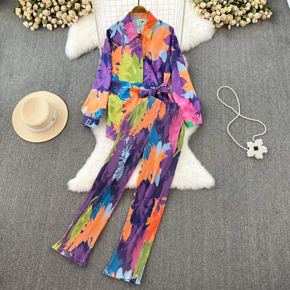 Spring Women Sleepwear Casual Loose Tie-dyed Trousers Suit Long Sleeve Shirts Blouses Wide Leg Pant Female Pajamas 2 Pieces XXL
