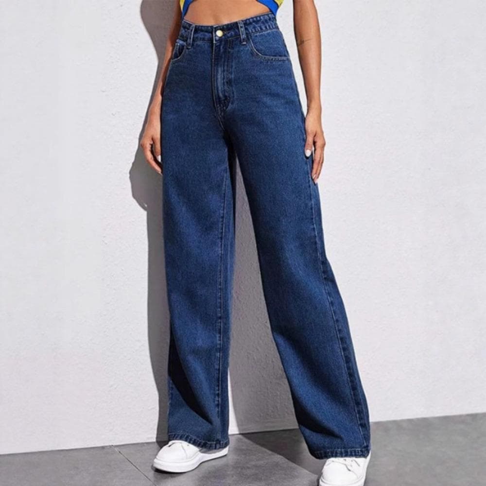 Women's High Waist Straight Leg Jeans, Loose Wide Leg Denim Pants, Acid Washed Light Blue Stretchy Jeans with Pockets, Casual Office Work Trousers M dark blue