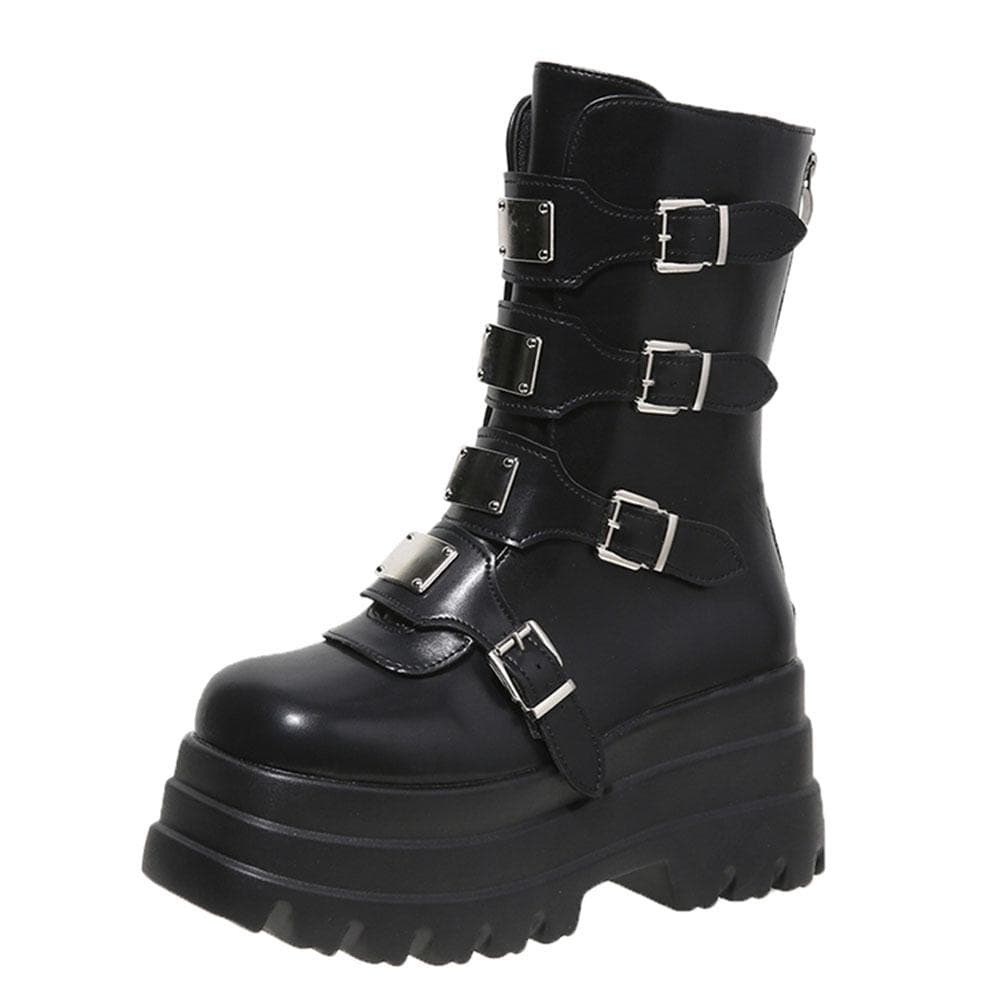 Size 43 Punk Gothic Women Motorcycle Boots Buckle Thick Bottom Platform Shoes Rock Luxury Brand Combat Woman Winter Booties 40 black