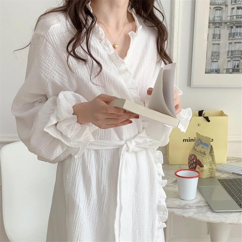 Cotton Bathrobe Women Ruffles Long Sleeve Korean Sweet Kimono Robe Elegant Spa Lady Spring Autumn Home Dressing Gown Pajamas One Size
