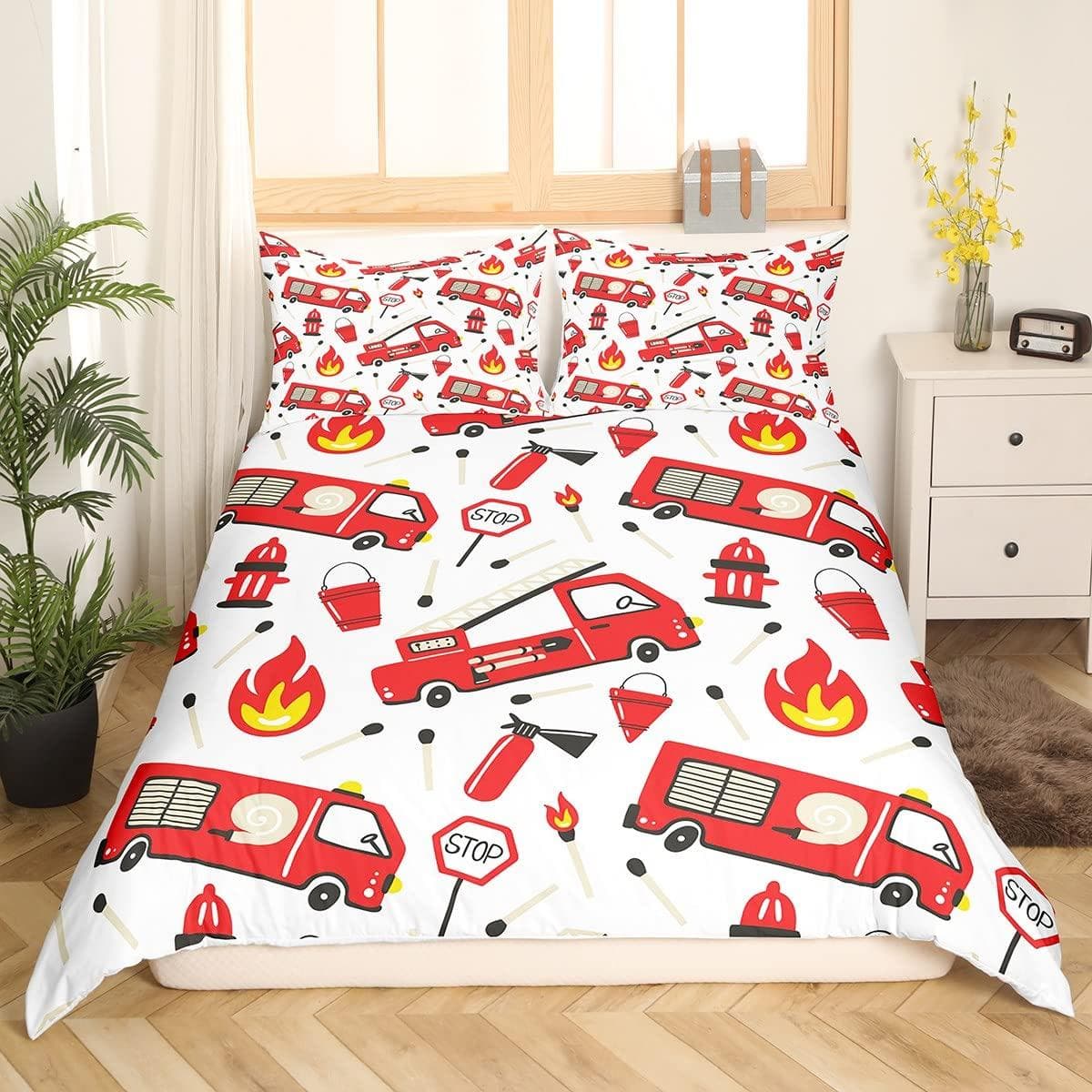 Fire Truck King Queen Duvet Cover Cartoon Police Car Bedding Set for Kids Boys Firefighter Quilt Cover Polyester Comforter Cover 135x200cm 2pcs
