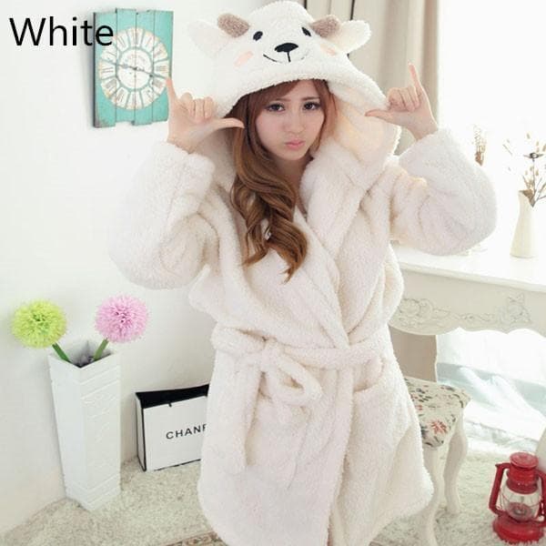 Bath Robe Hooded Robes Women Dressing Gown Warm Bathrobe Coral Ladies L white