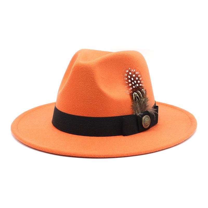 White Woolen Gentleman Classic British Jazz Feather Top Hat Wide Brim Party Church Wedding Fedora Hats Men Women Panama Felt Cap M 56-58cm orange