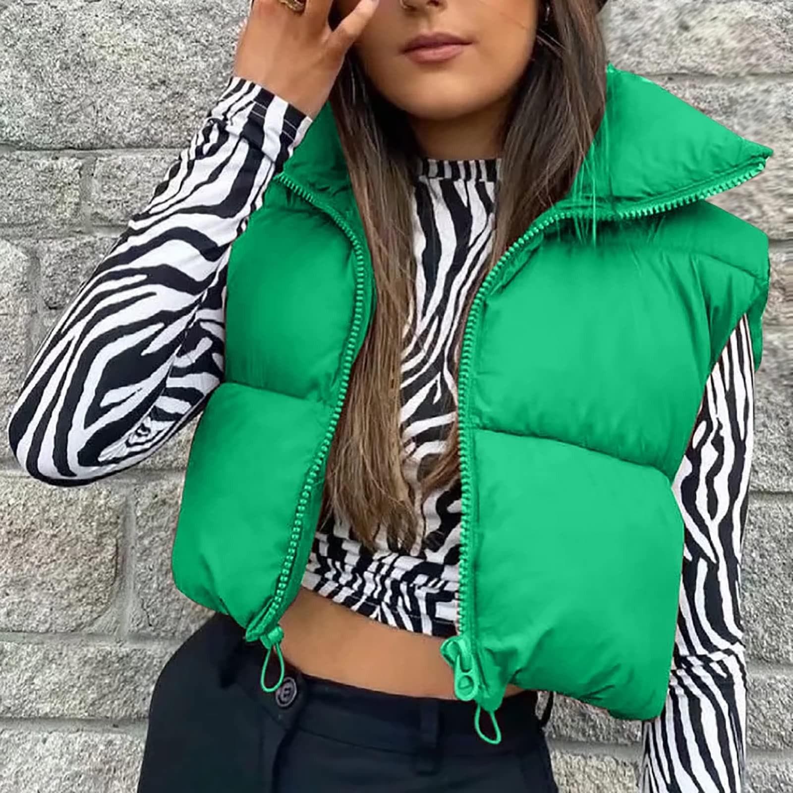 Women's Winter Tank Top Sleeveless Bomber Lightweight Stand Collar Zip Solid Quilted Vest XL green