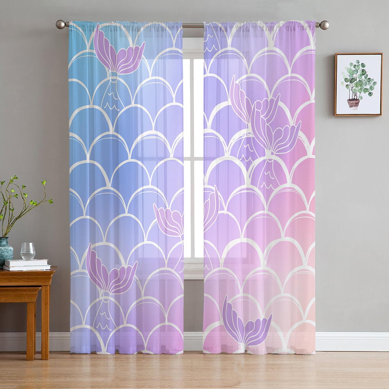 Scale Tail Hand Drawn Gradient Sheer Window Curtain Tulle Curtains for Livingroom Bedroom Hotel Home Decor Voile Drapes 135W x 114H(cm)
