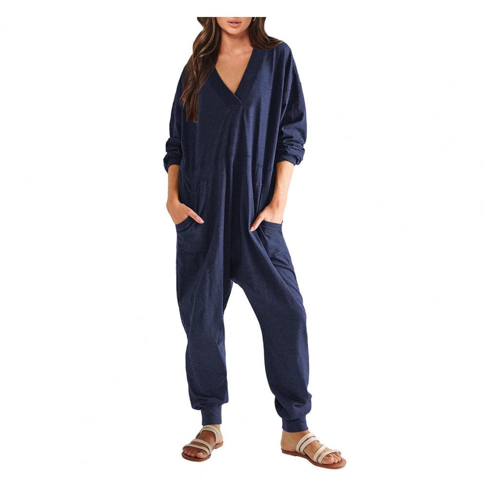 Women Fall Winter Jumpsuit V Neck Long Sleeve Loose Oversized Solid Color Pockets Deep Crotch Baggy Ankle-banded Soft Lady Pajam S dark blue