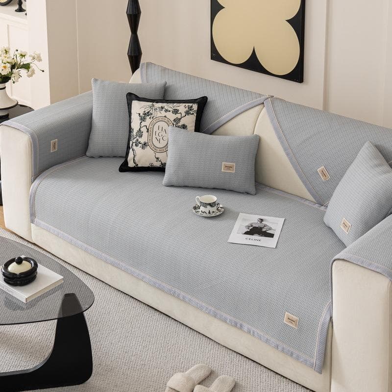 Summer Ice Silk Solid Color Sofa Mat Nonslip Universal Cooling Sofa Cover Living Room Embroidery Label Ear of Wheat Couch Cover 70x70cm 1pcs