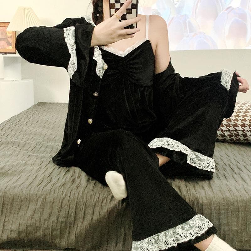French Court Style Velvet Pajamas Women's Sexy Lace Spaghetti Strap Long Sleeve Cardigan Trousers Three Piece Set Warm Home Wear XL