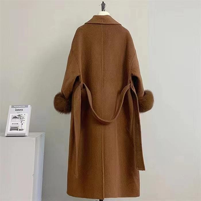 New Autumn and Winter Cuffs Fox Fur Extended Hepburn Style Wool Double-sided Cashmere Coat M