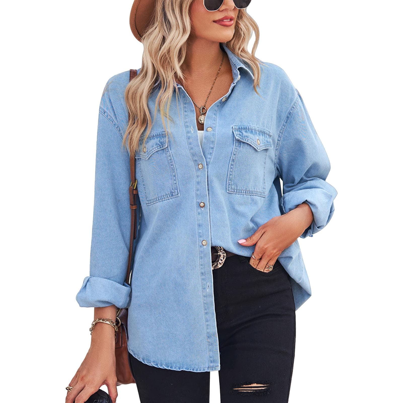 Women Denim Coat with Pockets Single Breasted Long Sleeve Loose Top for Indoor and Outdoor Light M light blue