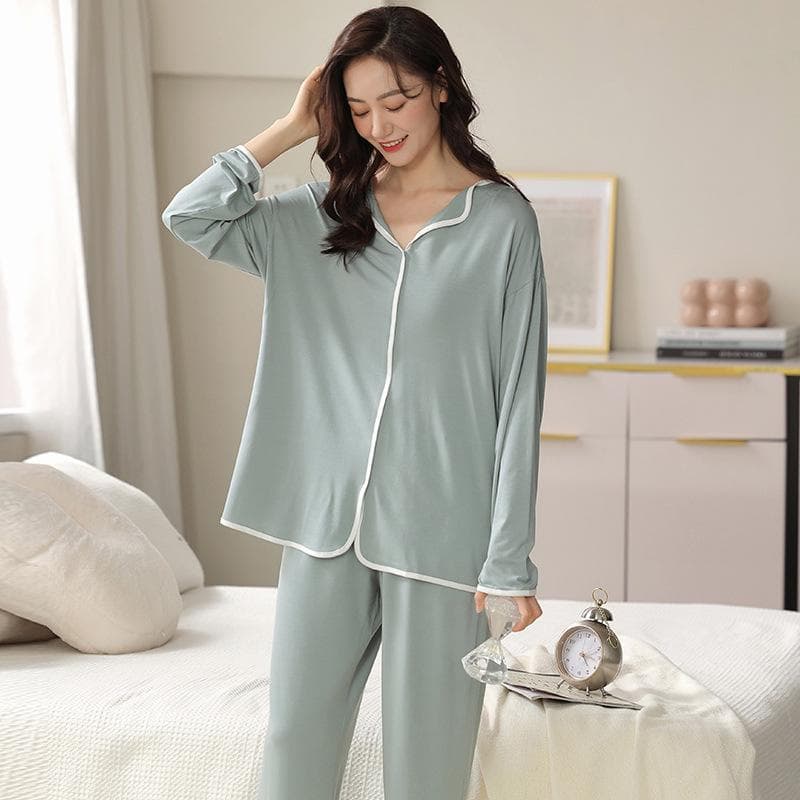 New Modal Pajamas Set Plus Size Pajamas Simple Solid Color Home Clothes Long Sleeves Long Pants Two-piece Set Pajamas Home Clothes 3XL green