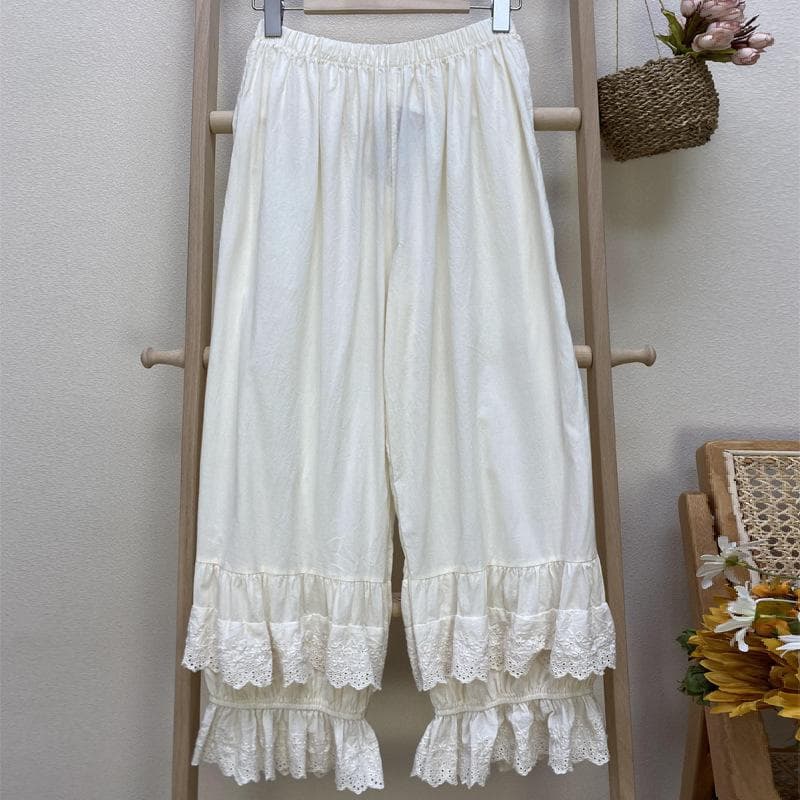 Johnature Mori Cotton Patchwork Lace Ruffles Women Pants Summer Vintage Solid Color Elastic Waist Ankle Length Pants One Size beige