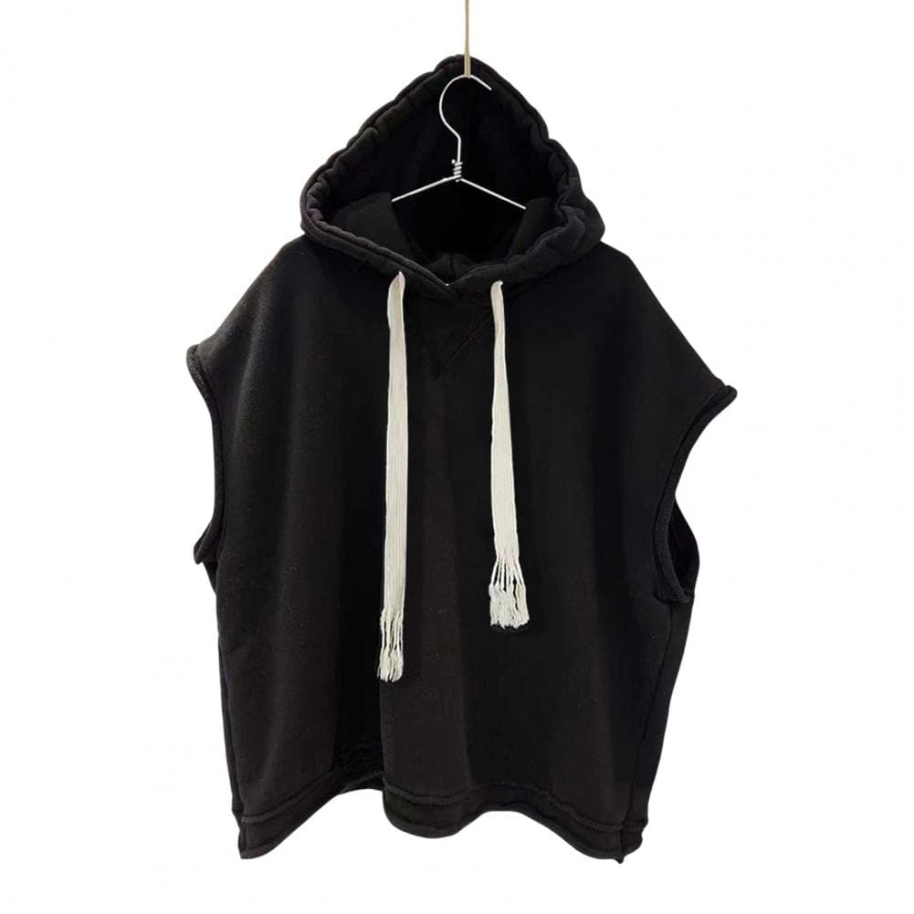 Summer Men T-shirt Hooded Drawstring Loose Solid Color Curled Edge Hip Hop Streetwear Sleeveless Casual Pullover Tank Top Sports XXL black