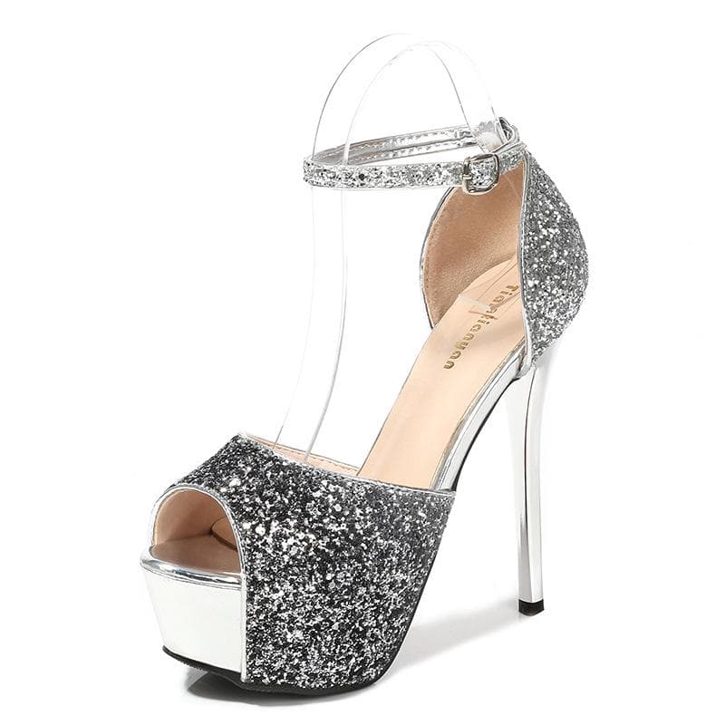 New Style Sequin Stiletto Fish Mouth Hollow Waterproof Platform Buckle Banquet Wedding Sandals Super High Heels Women's Single Shoes 39 black
