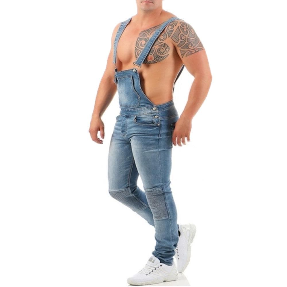Men's Bib Suspenders Slim Fit Siamese Strap Jeans M light blue