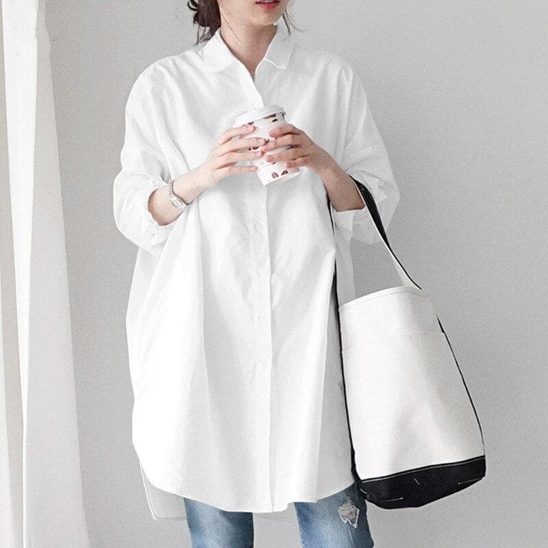 2023 Autumn Spring Long Sleeve Shirt Casual Loose Oversized Long Shirt Women Tops Fashion Irregular Solid White Clothes 24161 XXL white
