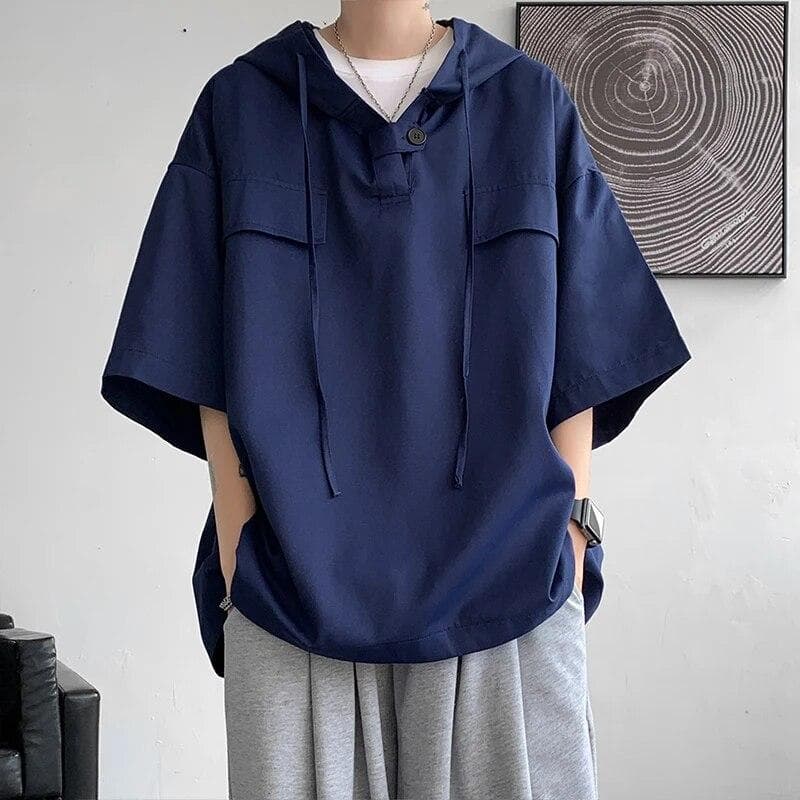 5 Colors Summer Hooded T shirt Men Korean Half Sleeve Pullover Streetwear Loose T-shirt Tops Drawstring Men Clothing 5XL-M 5XL navy blue