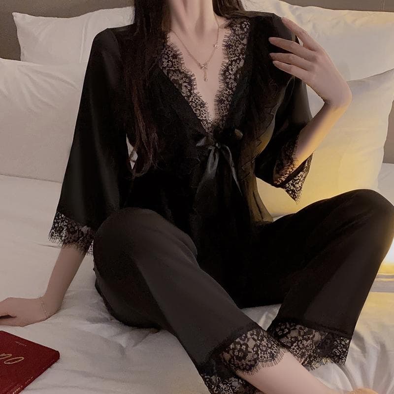 Women's Satin Lace Deep V Pajamas 2 Piece Padded Lace Satin Pleated Waist Casual Jacket Pajama Set L