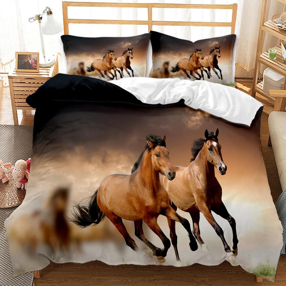 Horse Duvet Cover Set A Group Of Brown Horses Running Bedding Set 3D Animal Wild Horse Queen King Size Polyester Quilt Cover EU single(135x200cm)