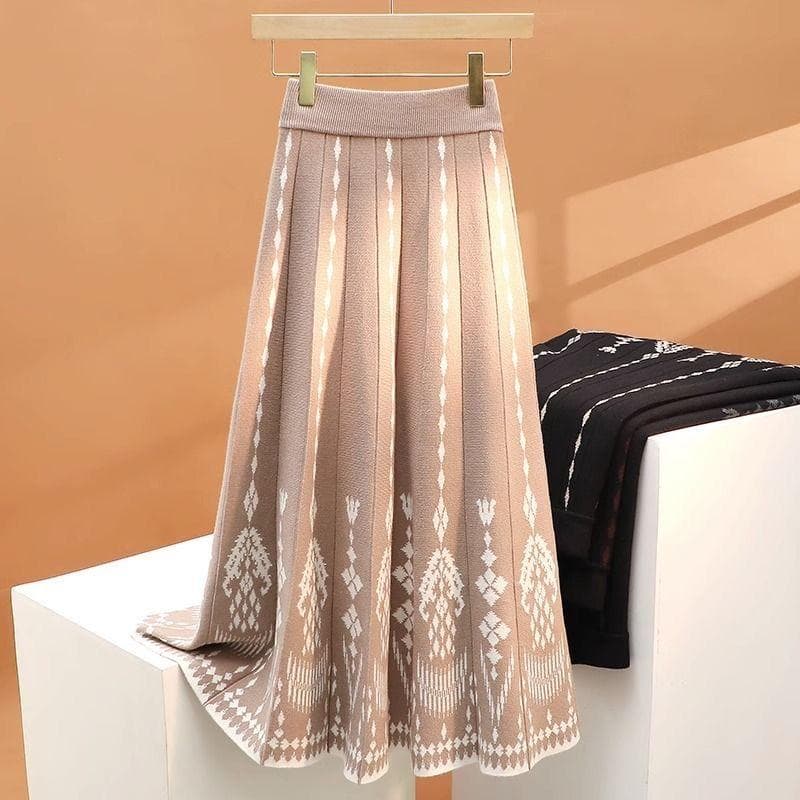 Knitted Yarn Half Skirt for Women Winter High Waist A-line Pleated Skirt Mid Length Big Swing 3XL khaki