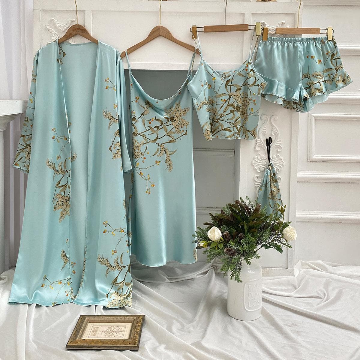 Women's Long Bathrobe Set Silk Spring Autumn Floral Print Ladies Dressing Gown 4 Pieces Set Nightdress Summer Satin Pajama L light green