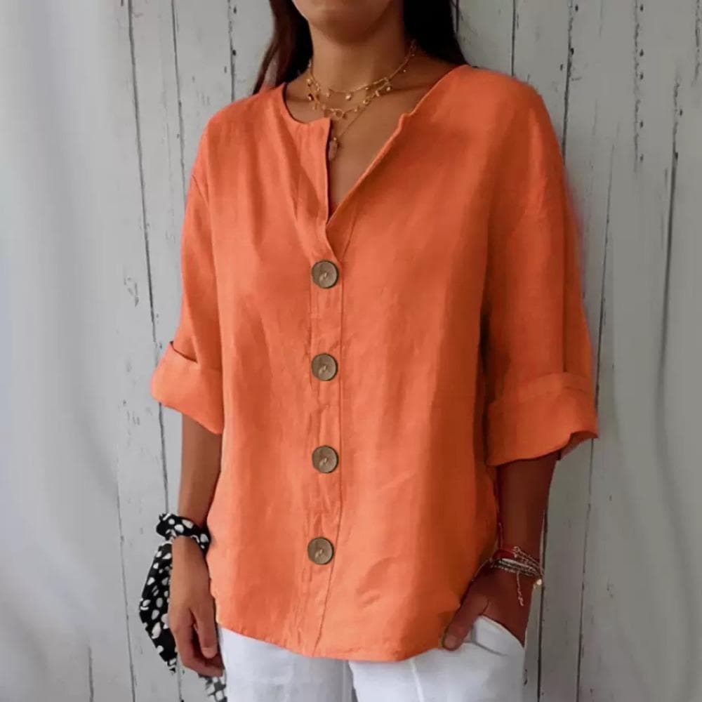 Plain Shirt for Women Women's Loose V Neck Three Quarter Sleeve T Shirt With Buttoned Classic Solid Color Commuting Tops XL orange