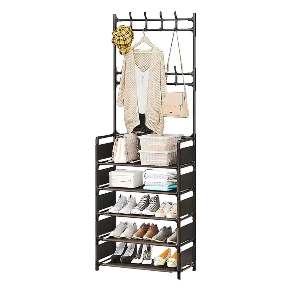 5 Tiers Metal Shoe Rack Hat Rack Adjustable Hall Tree with 16 Metal Hanger Hooks Side Cover for black