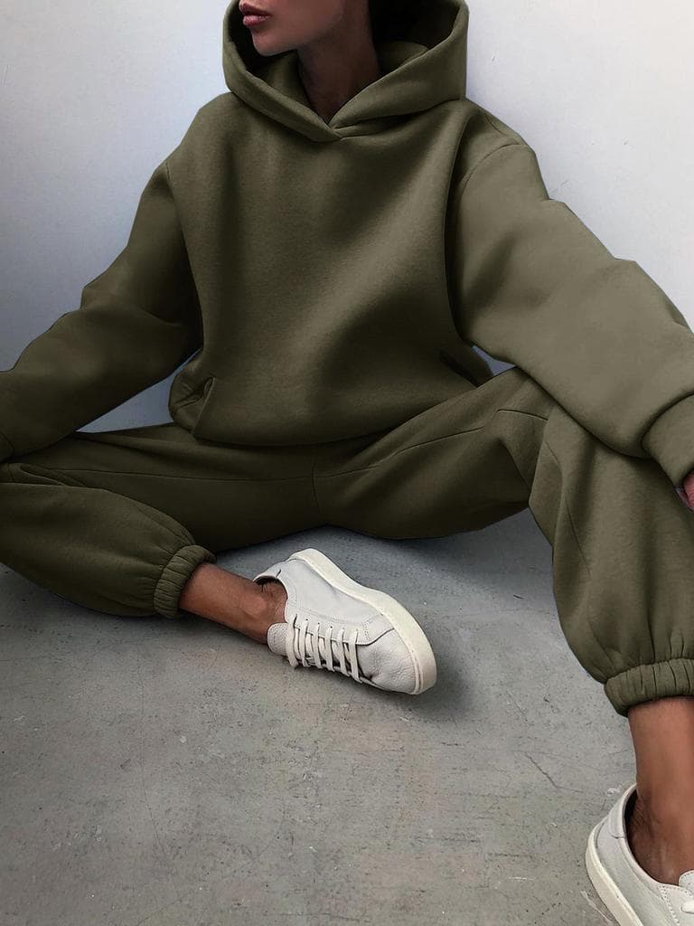 Women Elegant Solid Sets For Women Warm Hoodie Sweatshirts And Long Pant Fashion Two Piece Sets Ladies Sweatshirt Suits XL army green