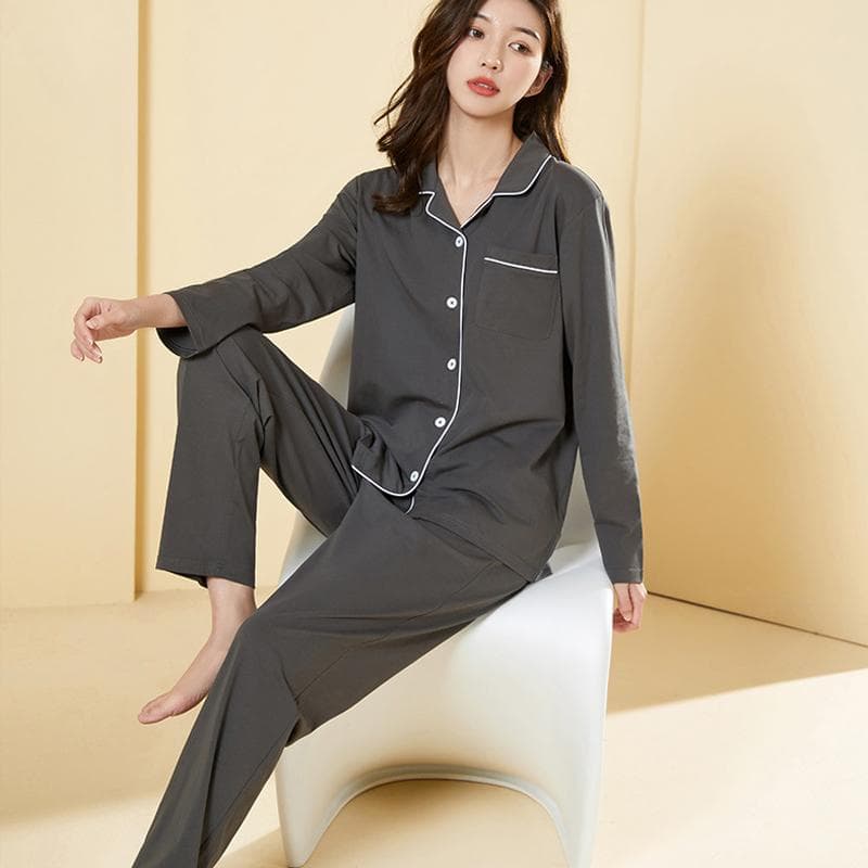 Women's Cotton Pajamas Set Spring and Autumn Loose Casual Home Clothes Solid Color Long-Sleeved Trousers Two-Piece Loungewear 2XL grey